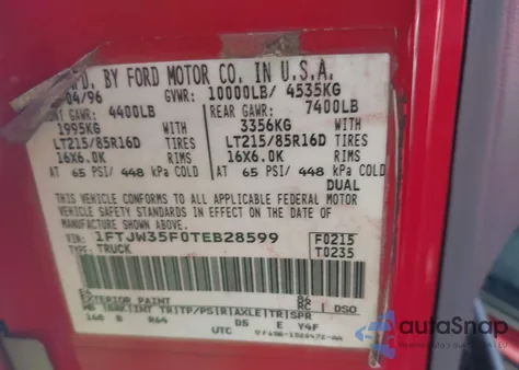 1996 Ford F350 z USA, uszkodzony, nr VIN 1FTJW35F0TEB28599